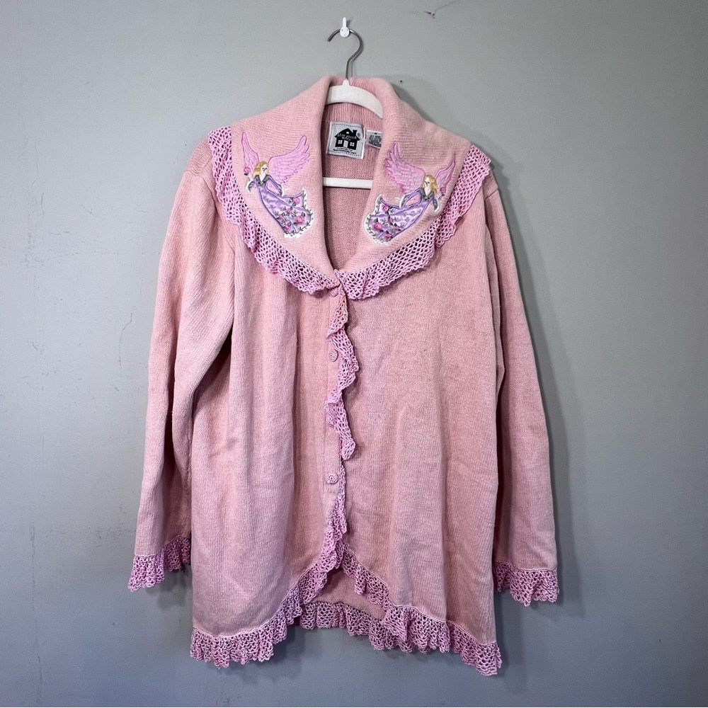 Storybook Knits pink peter pan collar embroidered fairy button front sweater 1X